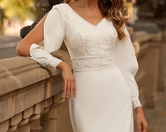 Simple Satin, Modern, Modest LDS. Long Sleeves, Mermaid Wedding Dress. Plus size available. 20 to 28 us Conservative wedding dress.
