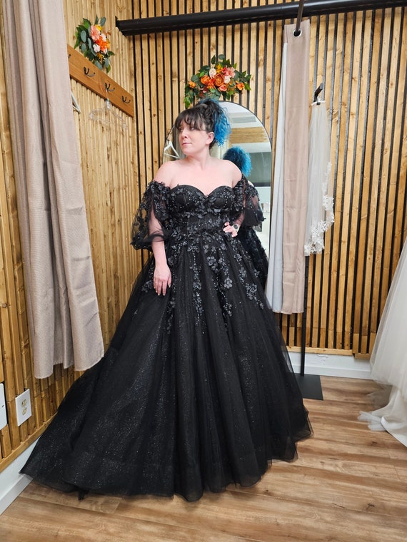 Stunning Unconventional Gown, Black Gothic Dress, Long Sleeves Black Dress,  Sparkle Tiered Ball Gown Wedding Dress. Plus Size Gothic Dress. 