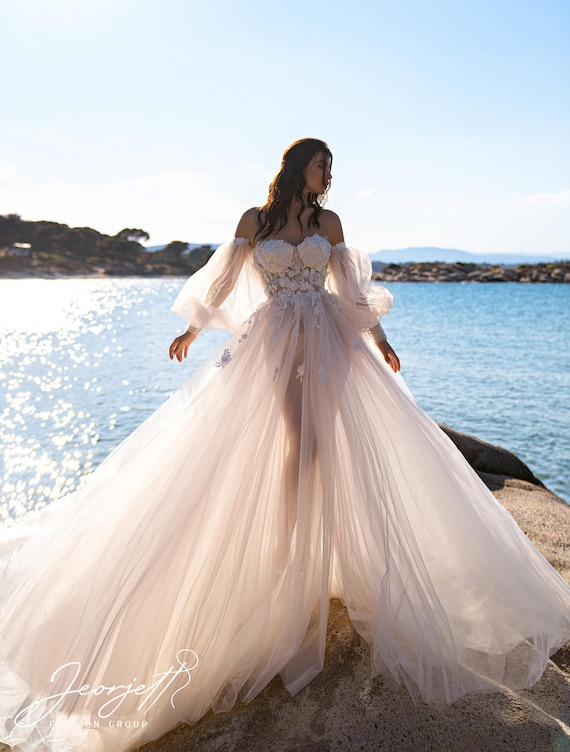 Wedding dresses with thigh high slits cheap