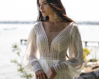 Beach- Bohemian, Long Sleeves, Lace A Line Wedding Dress.