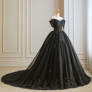 Stunning Black dress, unconventional Gothic Bride, Non-Traditional, Off the shoulder Ball gown Wedding Dress. Plus size available.