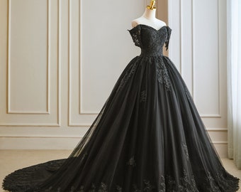 Stunning Black dress, unconventional Gothic Bride, Non-Traditional, Off the shoulder Ball gown Wedding Dress. Plus size available.