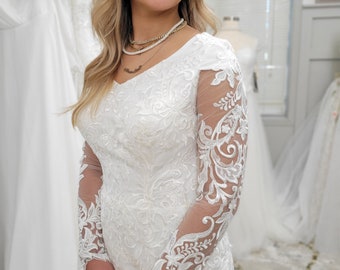 Classic,Modest LDS Mermaid, Long Sleeves, All over lace Wedding Dress.