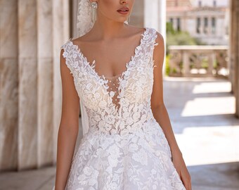 Stunning Princess Ball gown, Plunge neck dress, Sleeveless gown, Lace Ball gown Wedding Dress. Free Matching Veil gift with purchase.