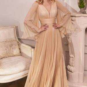 Long Bell Sleeves, Pleated Chiffon A line dress, Bridesmaids dress, Special occasion, Evening Gala, Wedding guest dress , Plus size Dress. Champagne