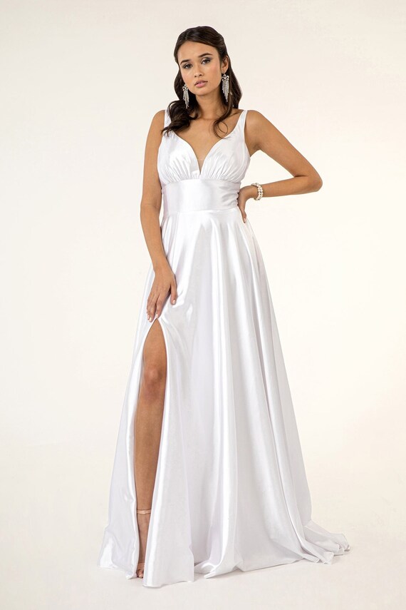 Simple Satin Empire Waist Thigh High Slit A Line Wedding Dress