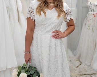 Boho Bohemian Modest LDS Princess Short Sleeves, All over lace A line Wedding Dress.