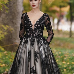 Stunning Black unconventional Gothic Bride, Long Sleeves Dress Non-Traditional, Lace Sparkle Ball gown Wedding Dress. Plus size available. image 2