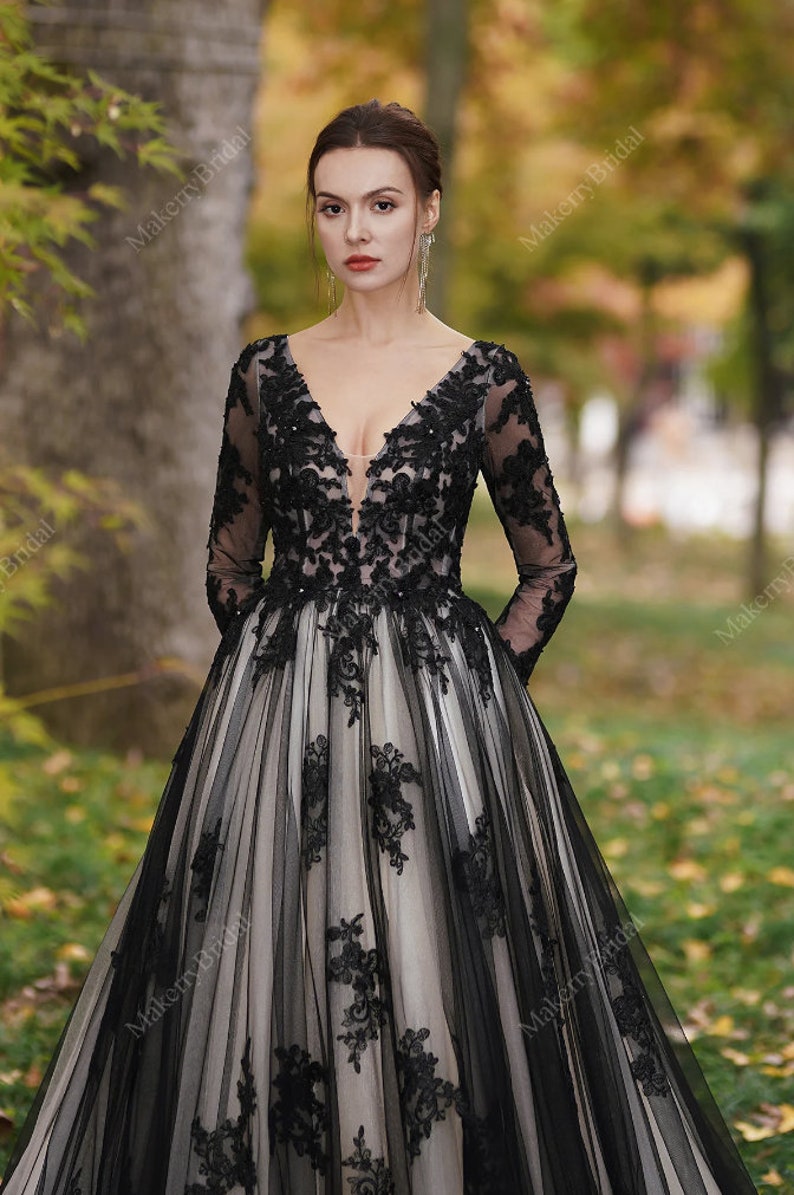 Stunning Black unconventional Gothic Bride, Long Sleeves Dress Non-Traditional, Lace Sparkle Ball gown Wedding Dress. Plus size available. image 2