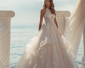 Stunning Ruffle Tiered Lace Ball gown Wedding Dress.