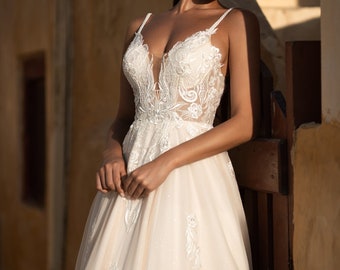 Stunning Romantic gown, Princess, Sleeveless Dress, Beaded Lace, Sparkle Gown, Lace Ball gown Wedding Dress.
