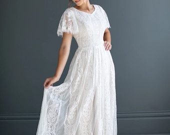 Boho, Bohemian Modern, Modest LDS Short Sleeves A line Lace Wedding Dress. Plus size available. 20 to 28 us Conservative wedding dress