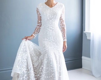 Boho, Modern, Modest LDS Long Sleeves Mermaid Lace Wedding Dress. Plus size available. 20 to 28 us Conservative wedding dress