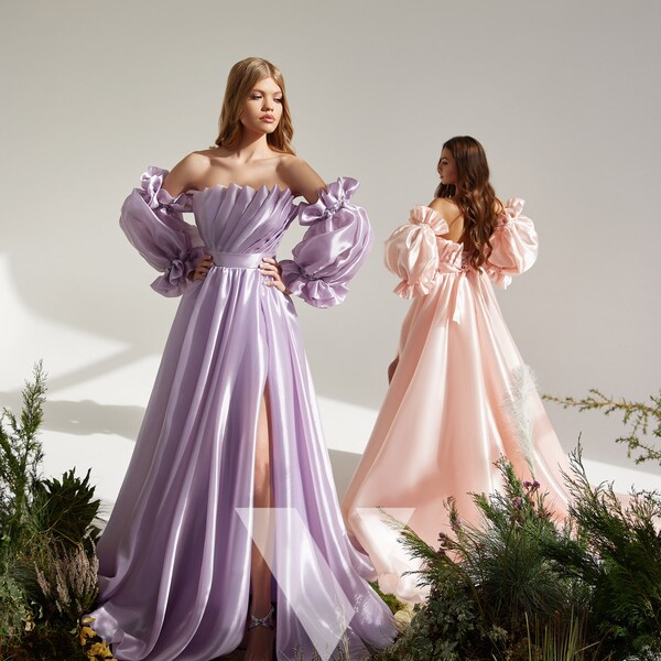 Pleated Off-the-Shoulder Floor-length Dress With Slit Dark Green main image 1