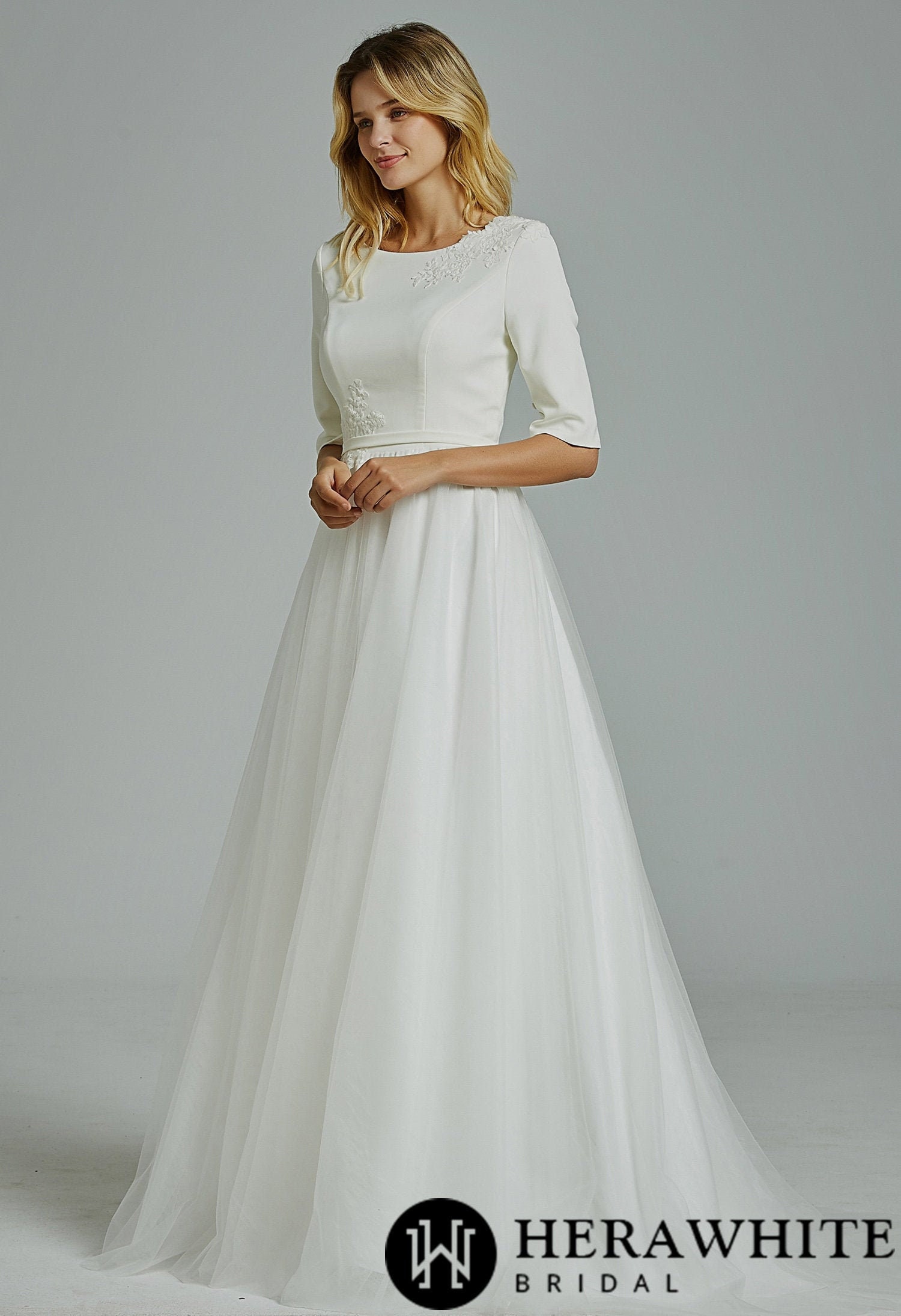 Ivory Lace Bateau Neck 3/4 Sleeves Bridal Dresses Floor Length A Line –  SheerGirl