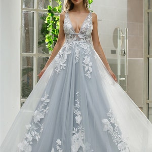 Stunning unconventional Grey Lace A line Wedding Dress. Plus size Available 20 us to 28 us