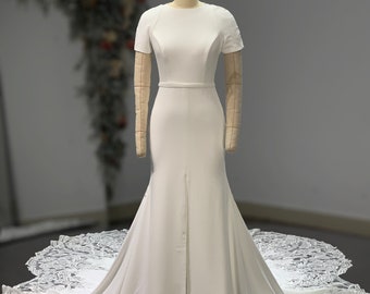 Stunning minimalist Short Sleeves Mermaid Illusion Train Simple Satin Wedding Dress.