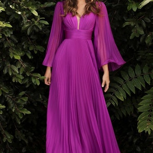 Long Bell Sleeves, Pleated Chiffon A line dress, Bridesmaids dress, Special occasion, Evening Gala, Wedding guest dress , Plus size Dress. Orchid