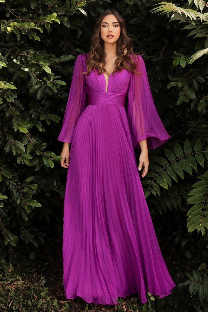 Long Bell Sleeves, Pleated Chiffon A line dress, Bridesmaids dress, Special occasion, Evening Gala, Wedding guest dress , Plus size Dress. Orchid