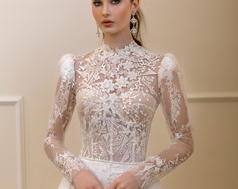 Long Sleeves, High Neck, Lace A line, Ball gown Wedding Dress.