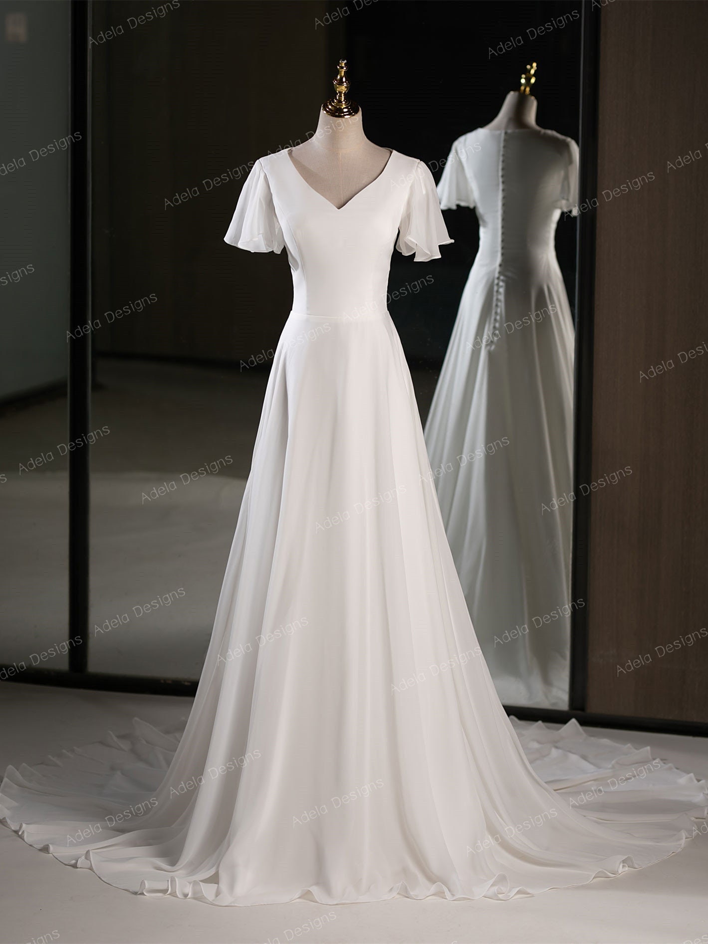 M5033 Short Sleeve Chiffon and Lace Bodice A-Line Modest Bridal Gown