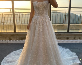 Modern Romantic, Straight Neckline, Sparkle, lace A line Wedding Dress.