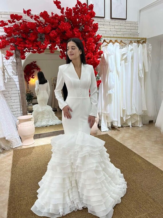 Sat n simple mangas largas SUD modesto vestido de novia de
