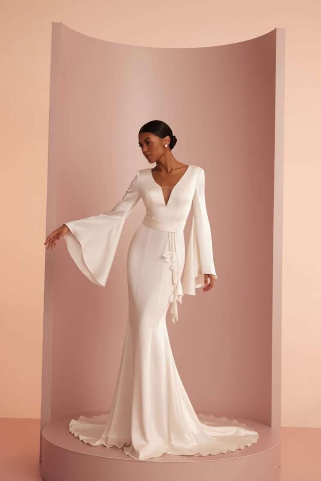 Stunning Bell Sleeves Wedding Dress, Simple Satin Wedding Dress, Modest ...