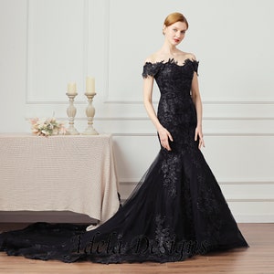 Stunning Black unconventional Gothic Bride, Non-Traditional, off the shoulder Mermaid  Wedding Dress. Plus size available.