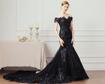 Stunning Black unconventional Gothic Bride, Non-Traditional, off the shoulder Mermaid  Wedding Dress. Plus size available.