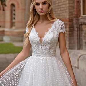 Classic Romantic Caps Sleeves, A Line Wedding Dress.Available in Plus size (18us- 26 us)