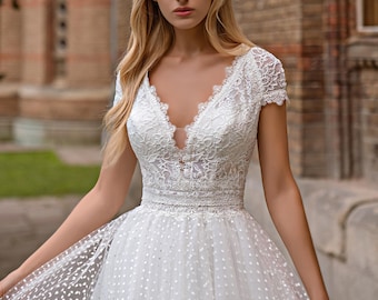 Classic Romantic Caps Sleeves, A Line Wedding Dress.Available in Plus size (18us- 26 us)