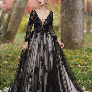 Stunning Black unconventional Gothic Bride, Long Sleeves Dress Non-Traditional, Lace Sparkle Ball gown Wedding Dress. Plus size available. image 5