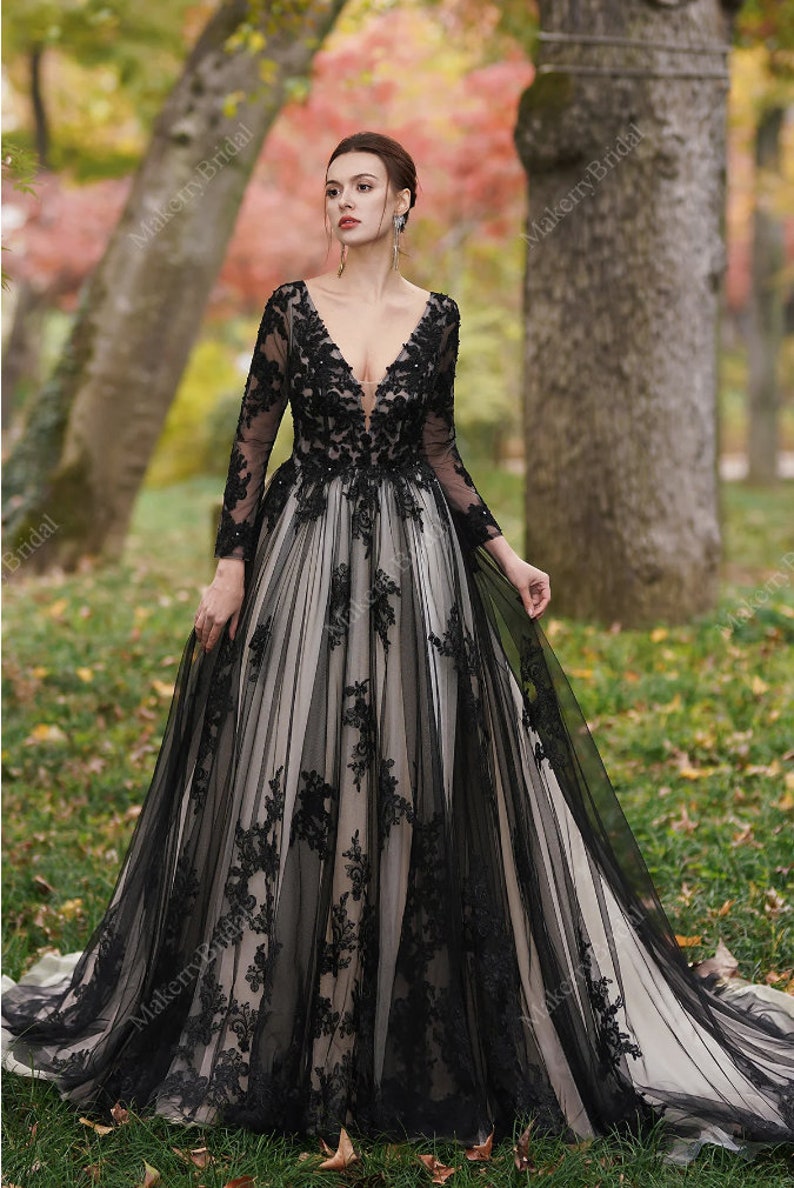 Stunning Black unconventional Gothic Bride, Long Sleeves Dress Non-Traditional, Lace Sparkle Ball gown Wedding Dress. Plus size available. image 5