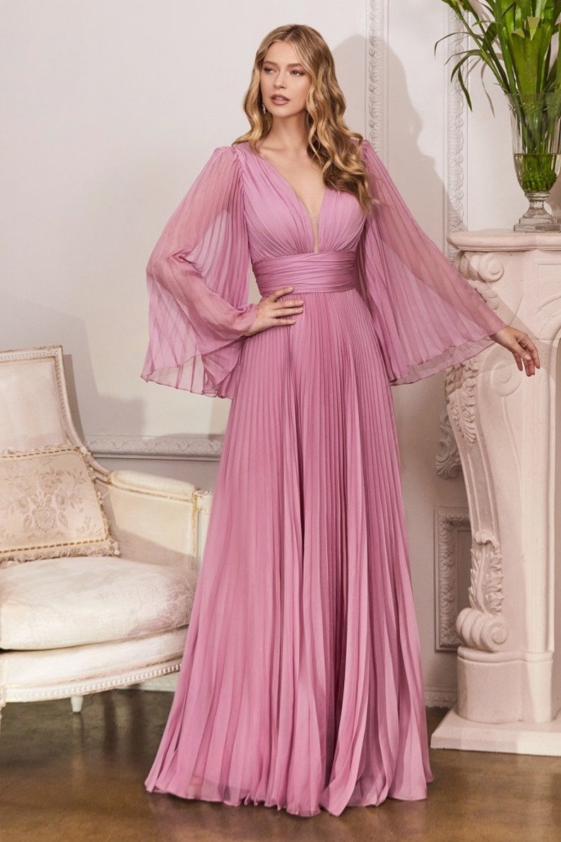 Long Bell Sleeves, Pleated Chiffon A line dress, Bridesmaids dress, Special occasion, Evening Gala, Wedding guest dress , Plus size Dress. Pink