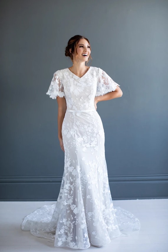 Boho, Modern, Modest LDS Flutter Sleeves Fitted Lace Wedding Dress