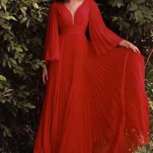 Long Bell Sleeves, Pleated Chiffon A line dress, Bridesmaids dress, Special occasion, Evening Gala, Wedding guest dress , Plus size Dress. Red