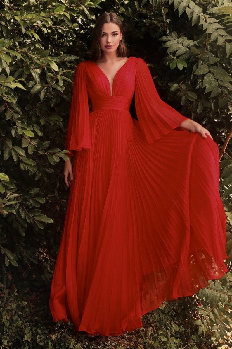 Long Bell Sleeves, Pleated Chiffon A line dress, Bridesmaids dress, Special occasion, Evening Gala, Wedding guest dress , Plus size Dress. Red