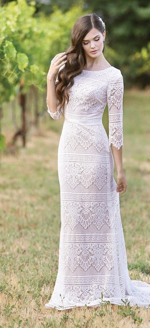 Boho, Modern, Modest LDS Flutter Sleeves Fitted Lace Wedding Dress. Plus  Size Available. 20 to 28 Us Conservative Wedding Dress 