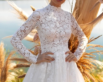 Boho Bohemian, Modest Long Sleeves, Mock Neck, High Back, Floral Lace Bodice, Tulle A line, Boho Chic, Modern Wedding Dress. Marcia Gown.