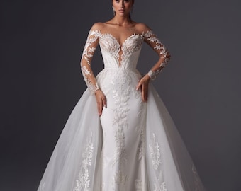 Off the shoulder, Fit and flare, Detachable skirt, Tattoo effect Long Sleeves, Ashanti Gown.