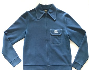 Vintage Sears Track Jacket M 70s Two Stripes Blue Womens Zip
