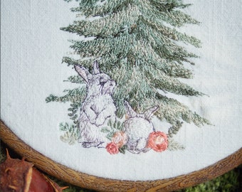 Embroidery file fir tree with rabbits