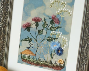 May include: Embroidered artwork featuring a spider web, a mushroom, a snail, and various flowers in shades of pink, blue, and white against a blue sky background.