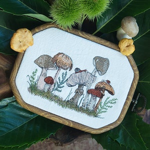 Pode incluir: Desenho de cogumelos bordados em um fundo de tecido branco. Os cogumelos são marrons, vermelhos e brancos com folhagem verde ao redor. O tecido é emoldurado em uma moldura de madeira.