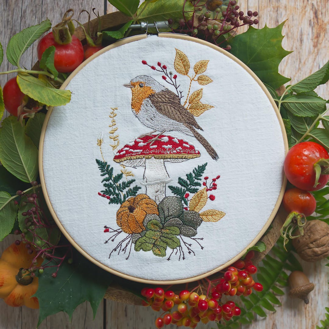 Embroidery File Robin and Toadstool - Elaborate Fall Motif for 13x18 ...