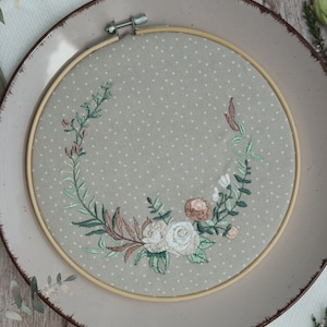 Könnte beinhalten: Ein beigefarbener Stickrahmen mit einem Blumendesign mit weißen und rosafarbenen Rosen, grünen Blättern und braunen Stielen. Der Rahmen befindet sich auf einer hellbraunen Oberfläche.