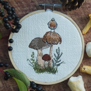 May include: Embroidered hoop art featuring a brown and white bird perched on a mushroom with two other mushrooms in the background. The mushrooms are brown and white with green foliage around them.