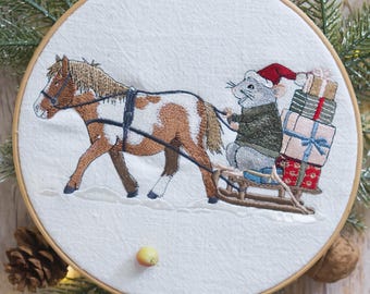 Embroidery file Sleigh ride - Elaborate embroidery motif with horse and mouse - Christmas embroidery file Winter landscape