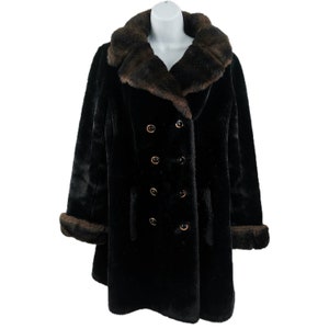 Vintage 1960s Black Faux Fur Coat with Brown Mink Accents | Double-Breasted | Mid-Thigh Length